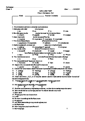 Đề kiểm tra 15 phút số 1 môn Tiếng Anh Lớp 9 - Năm học 2018-2019